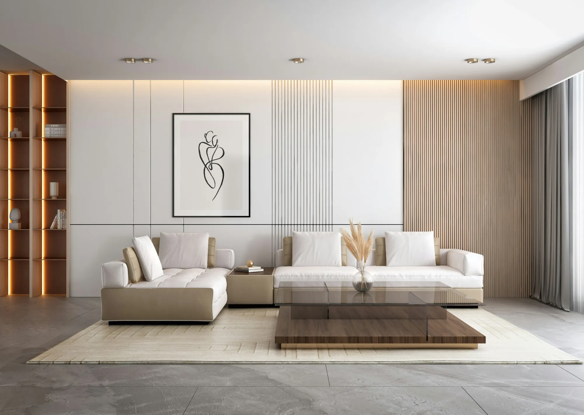 Sala contemporánea con muros claros, madera ranurada e iluminación cálida